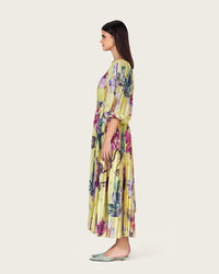 Yellow Floral Pleated Chiffon Midi Dress with Belt - Noētic