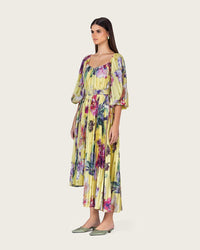 Yellow Floral Pleated Chiffon Midi Dress with Belt - Noētic