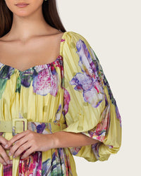 Yellow Floral Pleated Chiffon Midi Dress with Belt - Noētic