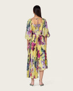 Yellow Floral Pleated Chiffon Midi Dress with Belt - Noētic