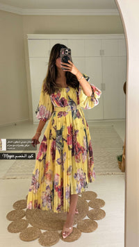 Yellow Floral Pleated Chiffon Midi Dress with Belt - Noētic