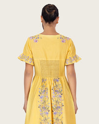 Yellow Linen Floral Midi Dress with Cape Like Detail - Noētic