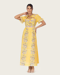 Yellow Linen Floral Midi Dress with Cape Like Detail - Noētic