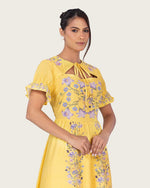 Yellow Linen Floral Midi Dress with Cape Like Detail - Noētic