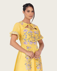 Yellow Linen Floral Midi Dress with Cape Like Detail - Noētic