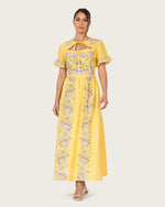 Yellow Linen Floral Midi Dress with Cape Like Detail - Noētic