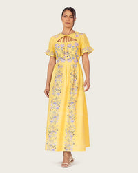 Yellow Linen Floral Midi Dress with Cape Like Detail - Noētic