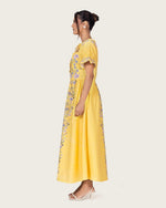 Yellow Linen Floral Midi Dress with Cape Like Detail - Noētic