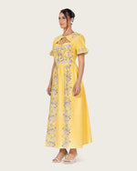 Yellow Linen Floral Midi Dress with Cape Like Detail - Noētic