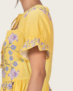 Yellow Linen Floral Midi Dress with Cape Like Detail - Noētic