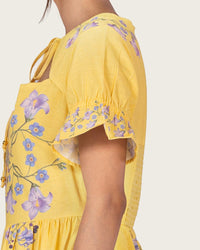 Yellow Linen Floral Midi Dress with Cape Like Detail - Noētic