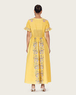 Yellow Linen Floral Midi Dress with Cape Like Detail - Noētic