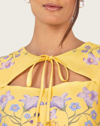 Yellow Linen Floral Midi Dress with Cape Like Detail - Noētic