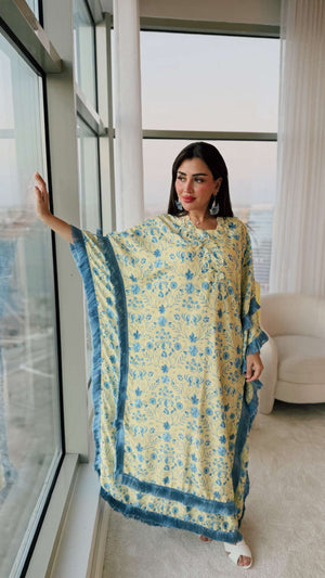 Yellow Satin Printed Dress with Fringes & 3D Floral Details - Noētic