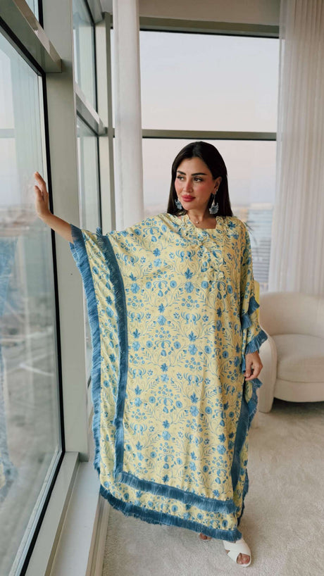 Yellow Satin Printed Dress with Fringes & 3D Floral Details - Noētic