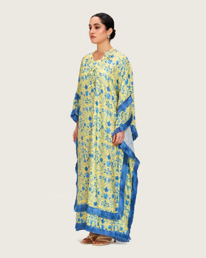 Yellow Satin Printed Dress with Fringes & 3D Floral Details - Noētic