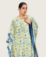 Yellow Satin Printed Dress with Fringes & 3D Floral Details - Noētic