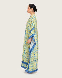 Yellow Satin Printed Dress with Fringes & 3D Floral Details - Noētic