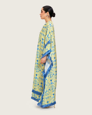 Yellow Satin Printed Dress with Fringes & 3D Floral Details - Noētic