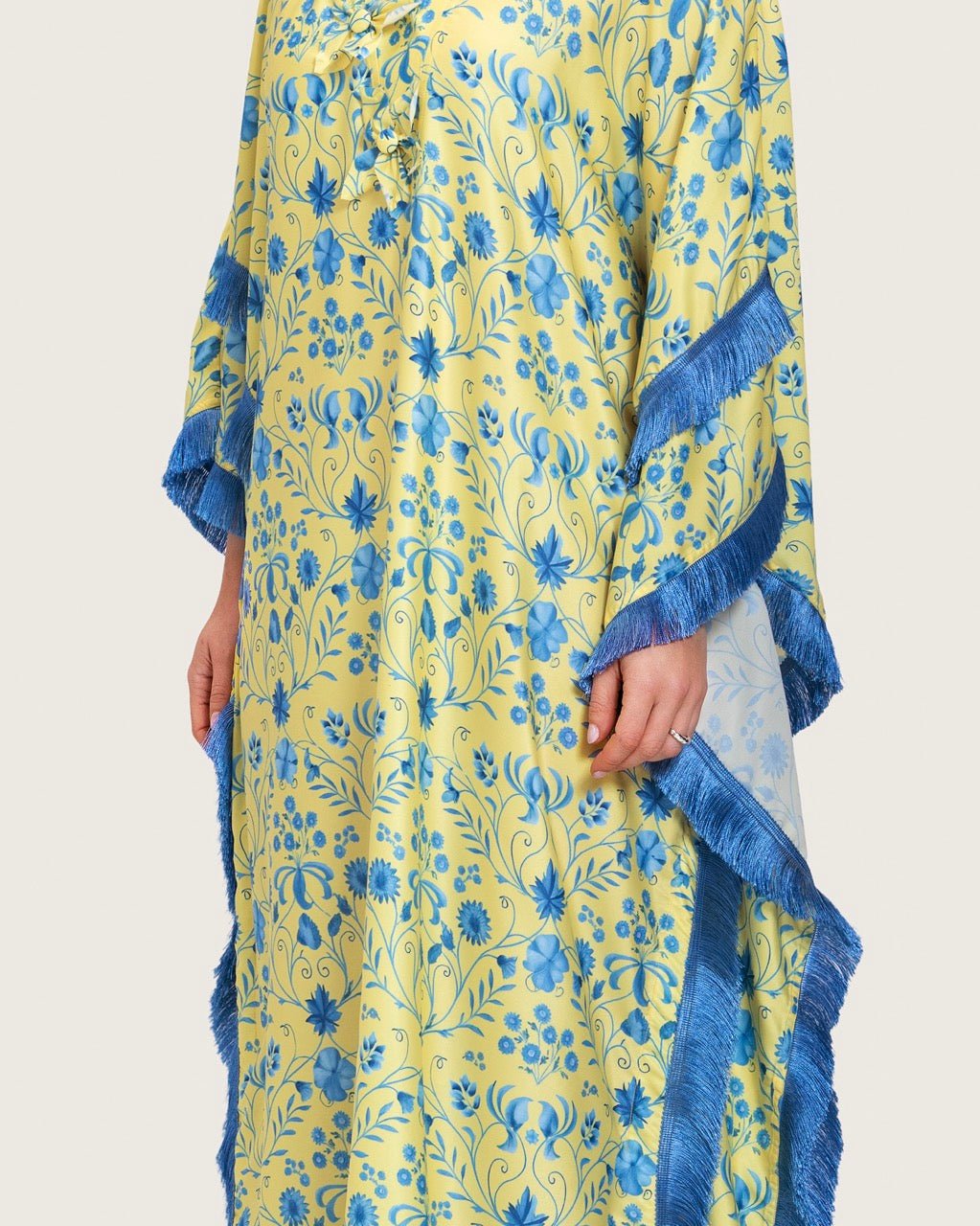 Yellow Satin Printed Dress with Fringes & 3D Floral Details - Noētic