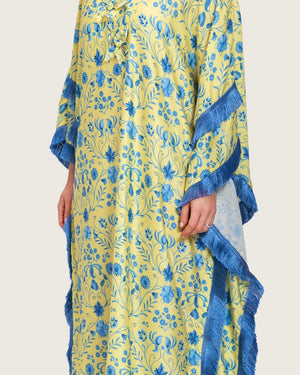 Yellow Satin Printed Dress with Fringes & 3D Floral Details - Noētic