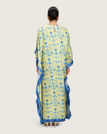 Yellow Satin Printed Dress with Fringes & 3D Floral Details - Noētic
