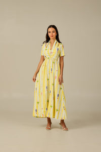 Yellow with Vibrant Summery Print Lightweight Linen Dress - Noētic