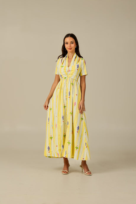 Yellow with Vibrant Summery Print Lightweight Linen Dress - Noētic