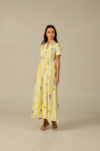 Yellow with Vibrant Summery Print Lightweight Linen Dress - Noētic