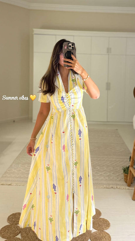 Yellow with Vibrant Summery Print Lightweight Linen Dress - Noētic