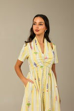 Yellow with Vibrant Summery Print Lightweight Linen Dress - Noētic