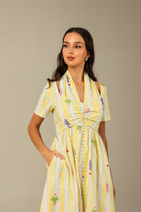 Yellow with Vibrant Summery Print Lightweight Linen Dress - Noētic