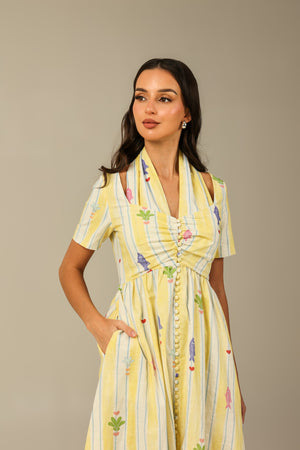 Yellow with Vibrant Summery Print Lightweight Linen Dress - Noētic